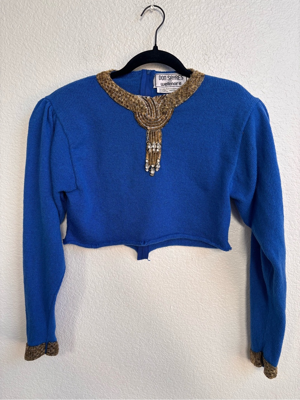 Vintage Don Sayres for Wellmore Blue Beaded Wool Cropped Top Size 12 Made in USA